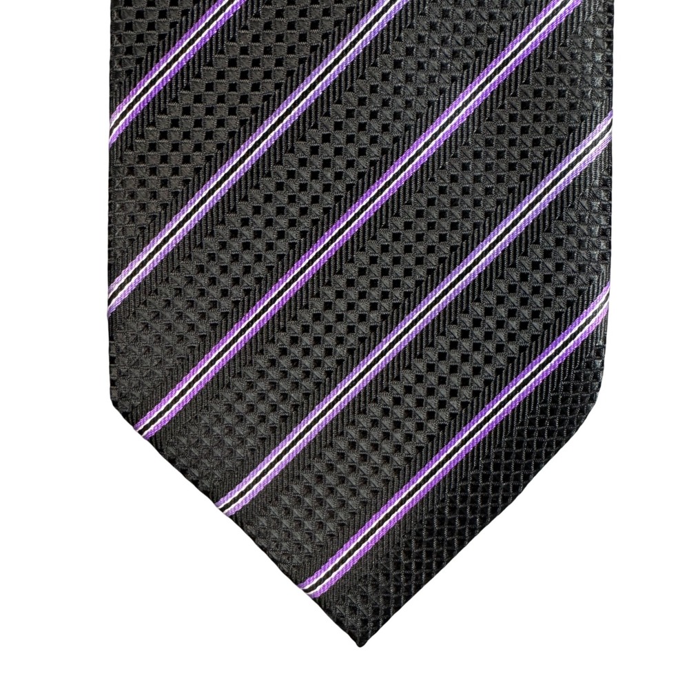 Mario Lorenzi Mens Tie Black Purple White Diagonal Striped Woven Hand Made